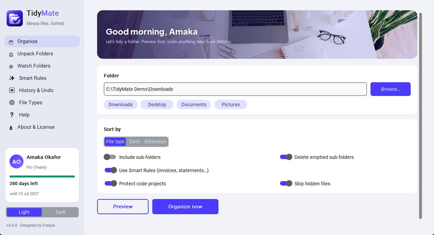 Organize page with a welcome banner