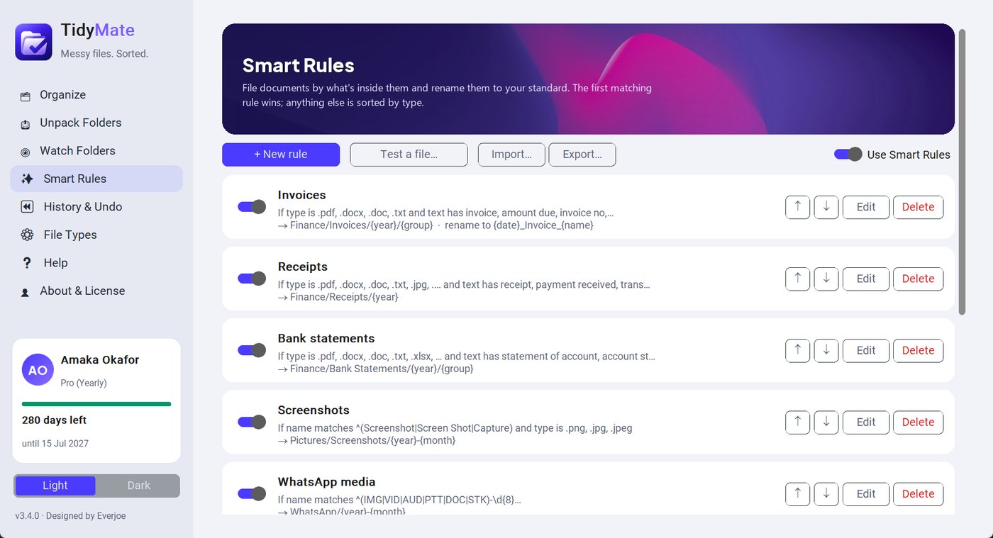 Smart Rules page with ready-made rules for invoices, receipts and bank statements